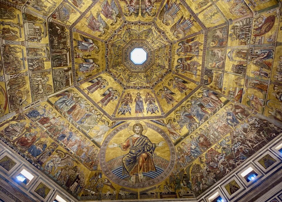 VIbrant gold mosaic ceiling dome depicting religious fgures