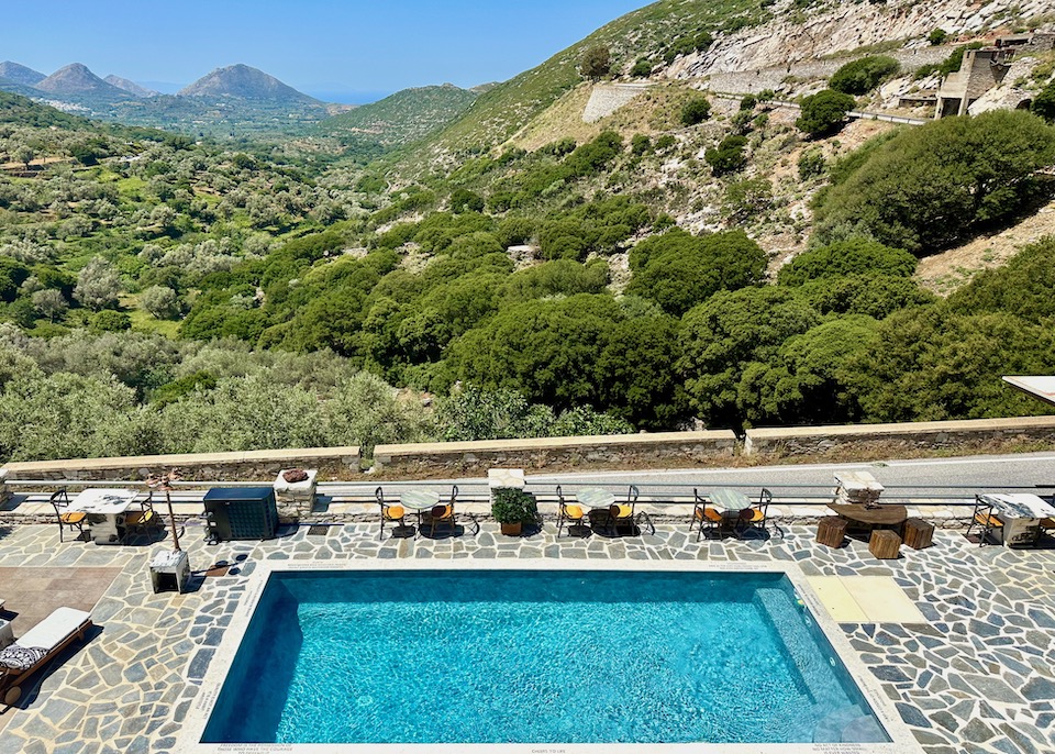 Pool and view over olive trees at Elaiolithos in Naxos