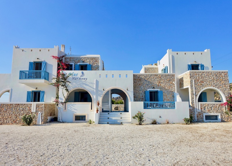 Exterior of Blue Harmony Apartments near Plaka Beach in Naxos