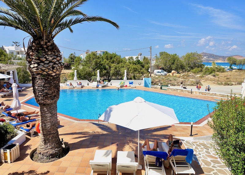 View over the pool toward Agios Georgios Beach at Galaxy Hotel in Naxos