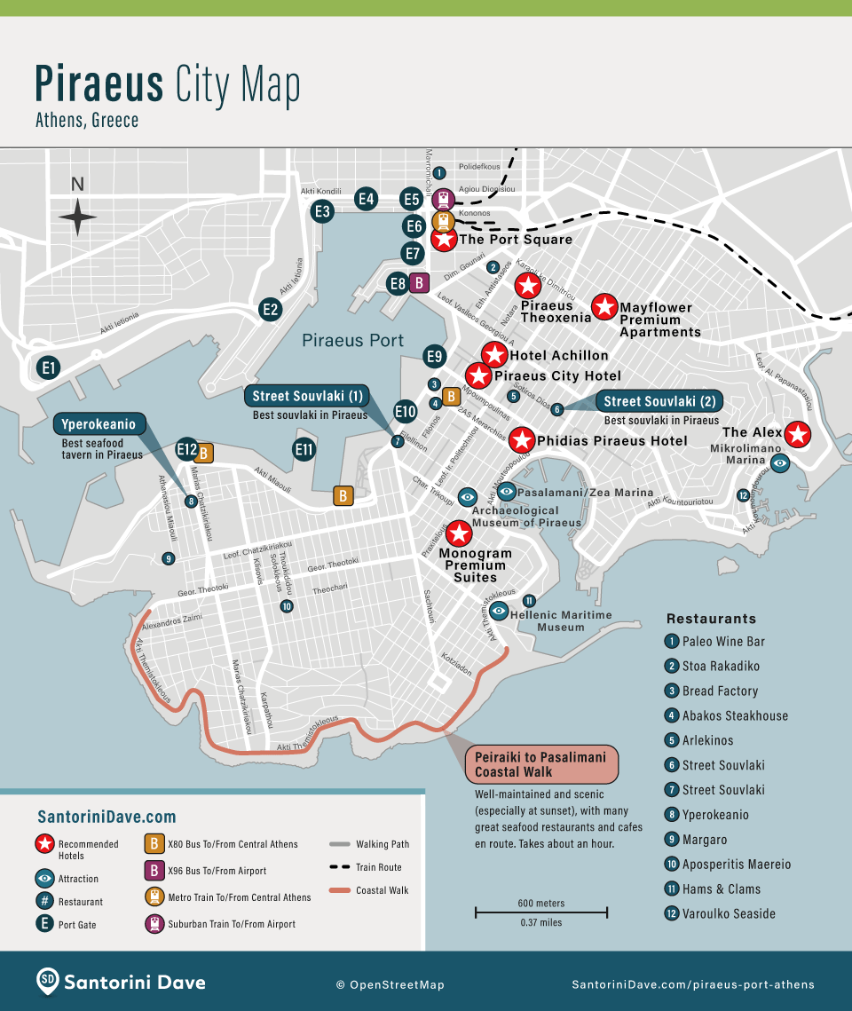 Map of hotels, port gates, bus and train stops, attractions, and restaurants at Piraeus Port in Greece.