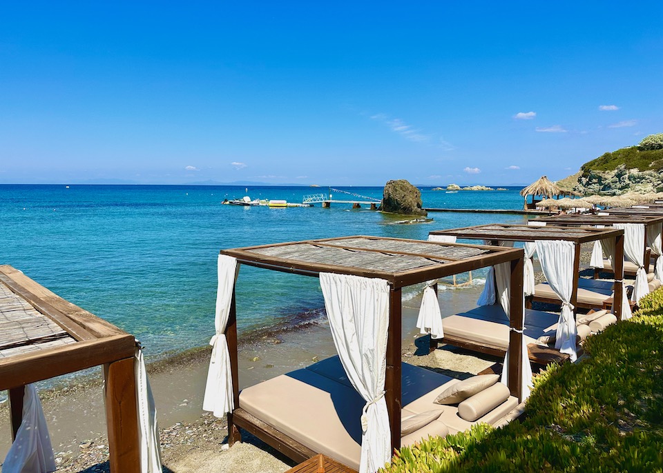 Waterfront cabanas on the beach at Vincci EverEden in Anavyssos on the Athens Riviera
