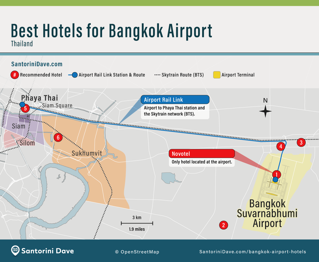 Map of the best hotels for Bangkok airport in Thailand.