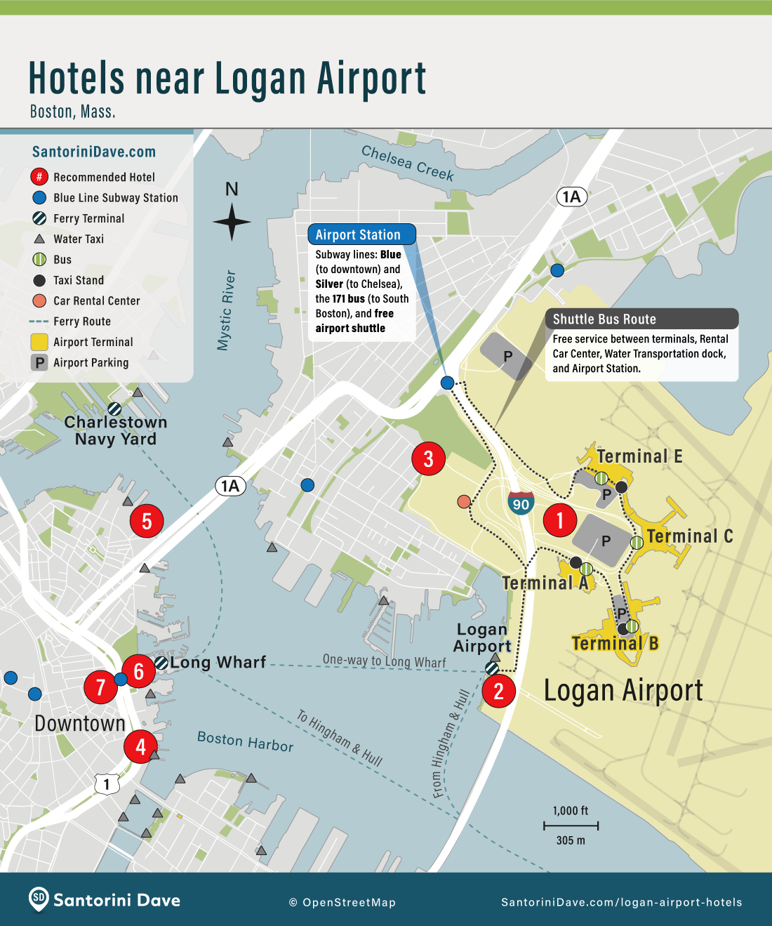 Map of the best hotels near Logan Airport in Boston.