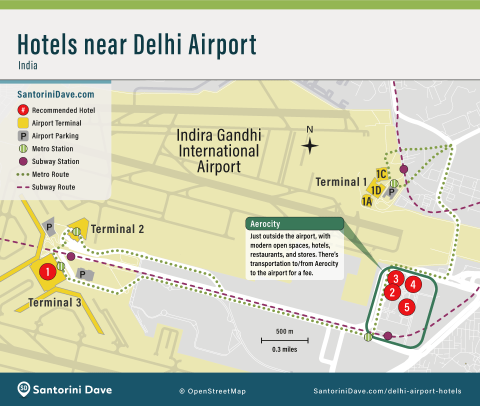 Map of the best hotels near Delhi airport in India.