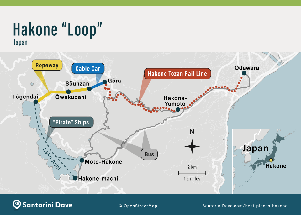 The Hakone Loop map showing five different forms of transportation around Hakone.