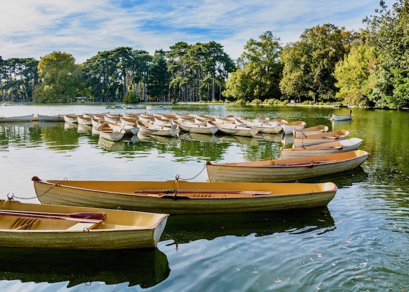 Rowboat rentals bound to each other on the Lower Lake in the Bois de Boulogne park in the 16th arrondissement of Paris
