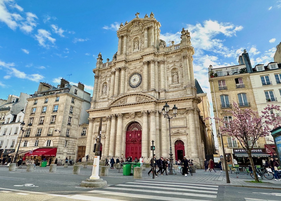 Church of Saint Paul and Saint Louis with red doors in Le Marais in the 4th Arrondissement of Paris