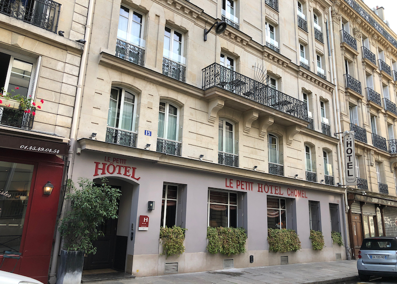 Haussmann-style facade of Le Petit Chomel hotel in the 7th Arrondissement of Paris