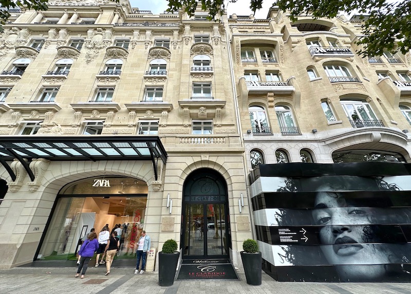Exterior and main entrance of Fraser Suites Le Claridge in the Belle Epoque style on Champs-Elysees Avenue in Paris
