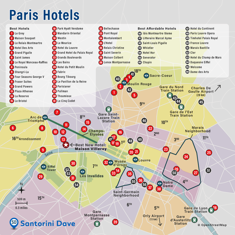 Map of luxury, affordable, and best new hotels in Paris.