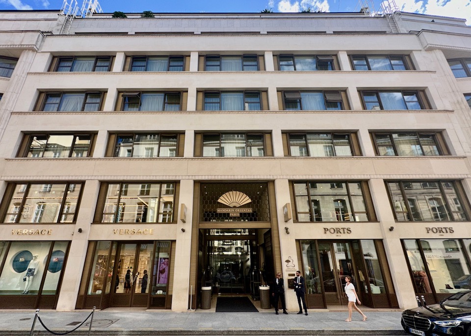 The Art Deco façade of the Mandarin Oriental hotel in Paris with luxury shopping on the ground floor