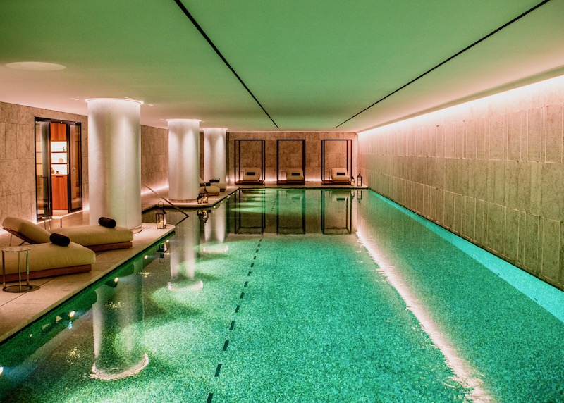 The spa pool with plush lounge chairs at Bulgari Hotel in the 8th Arrondissement of Paris