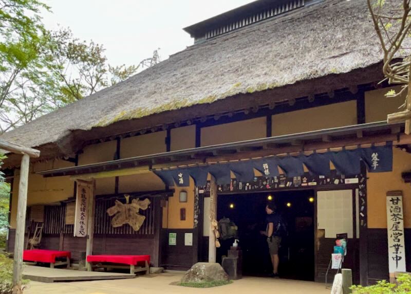 A man waits in line at a thatched-roof tea house.