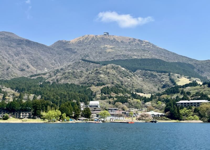 Mt. Komagatake, above Lake Ashi and the small temple at the top.