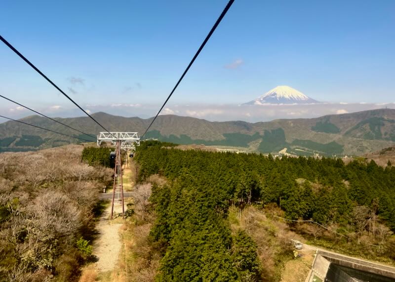 Mt. Fuji in the distance from a ropeway car.