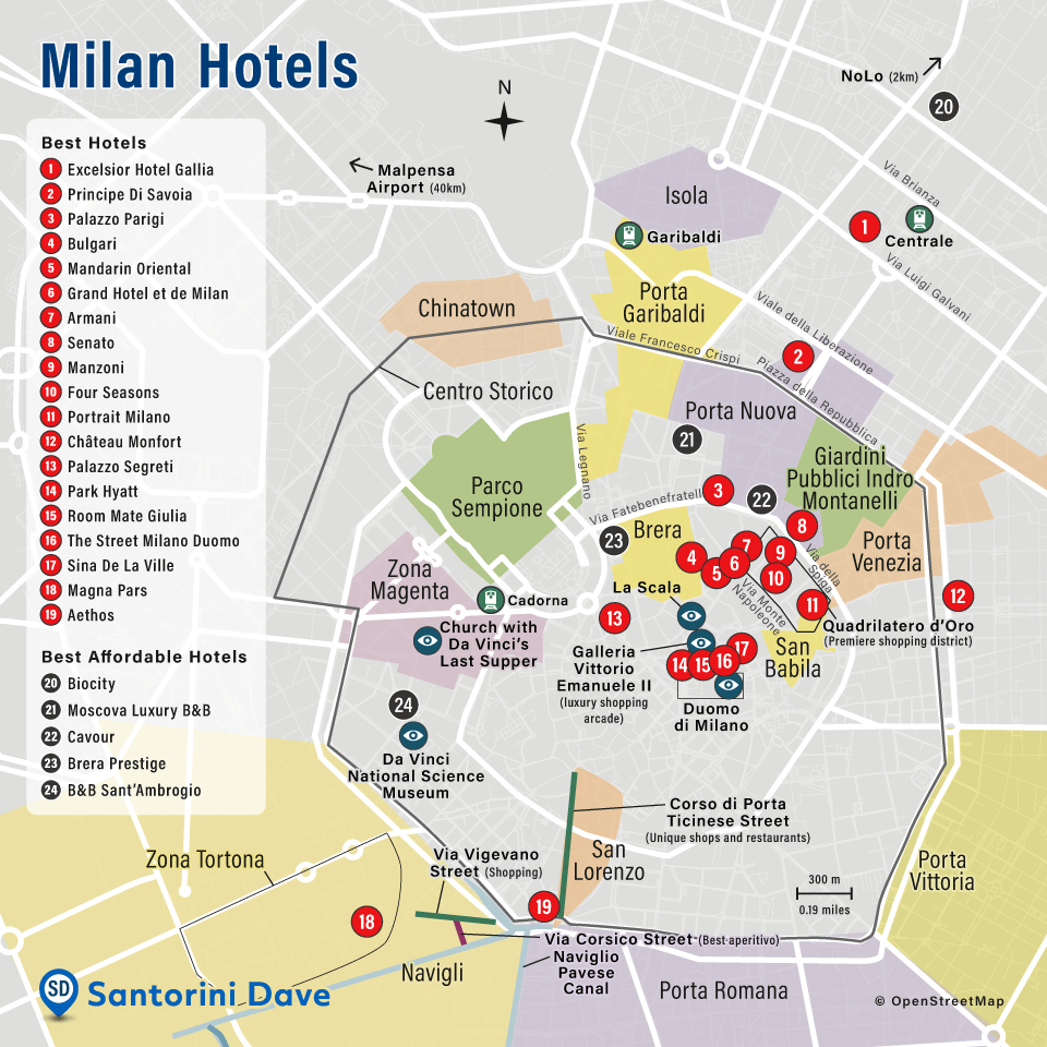 Map of Milan Hotels and Neighborhoods.