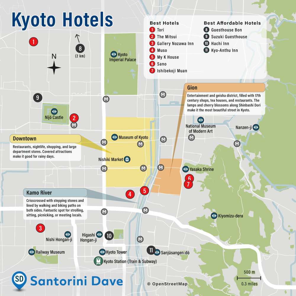 Map of the best hotels in Kyoto.