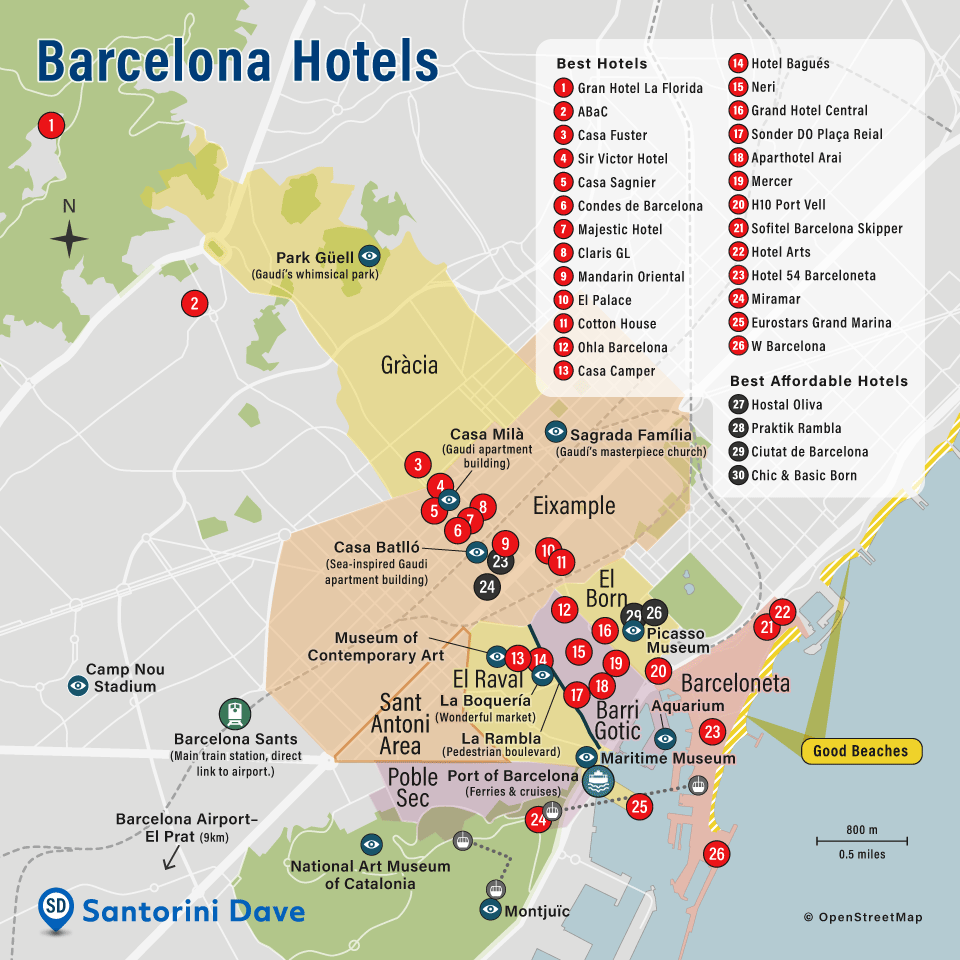 Map of Barcelona hotels and neighborhoods.