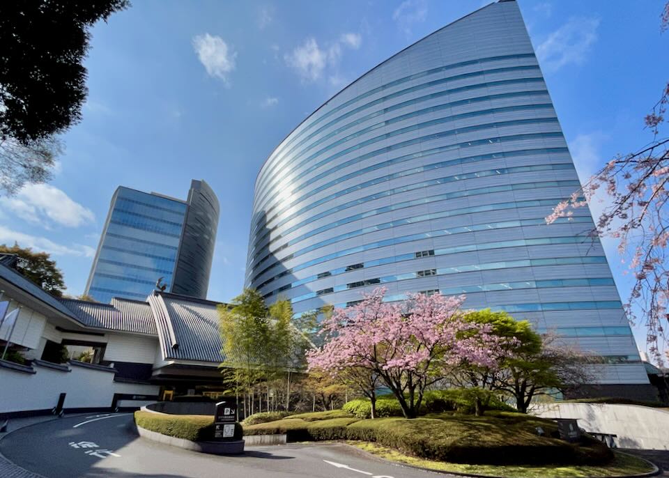Sleek glass hotel building with a curved front accented with blossoming cherry trees