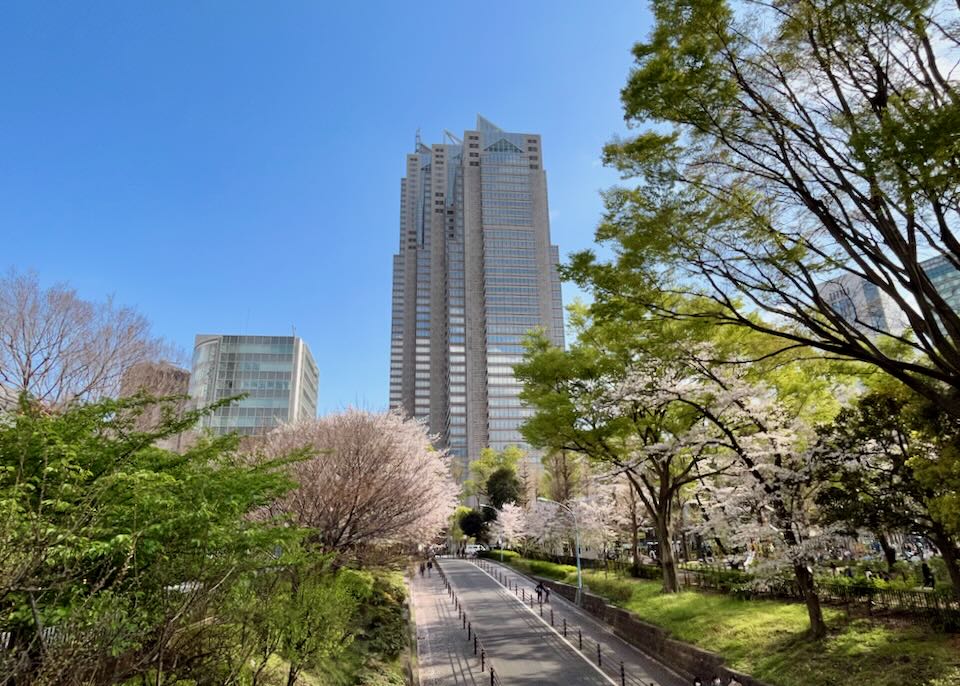 A steel and glass skyscraper hotel rises above blossoming cherry trees.