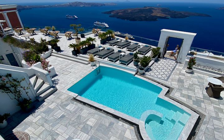 Hotel with pool and caldera view in Firostefani, Santorini.