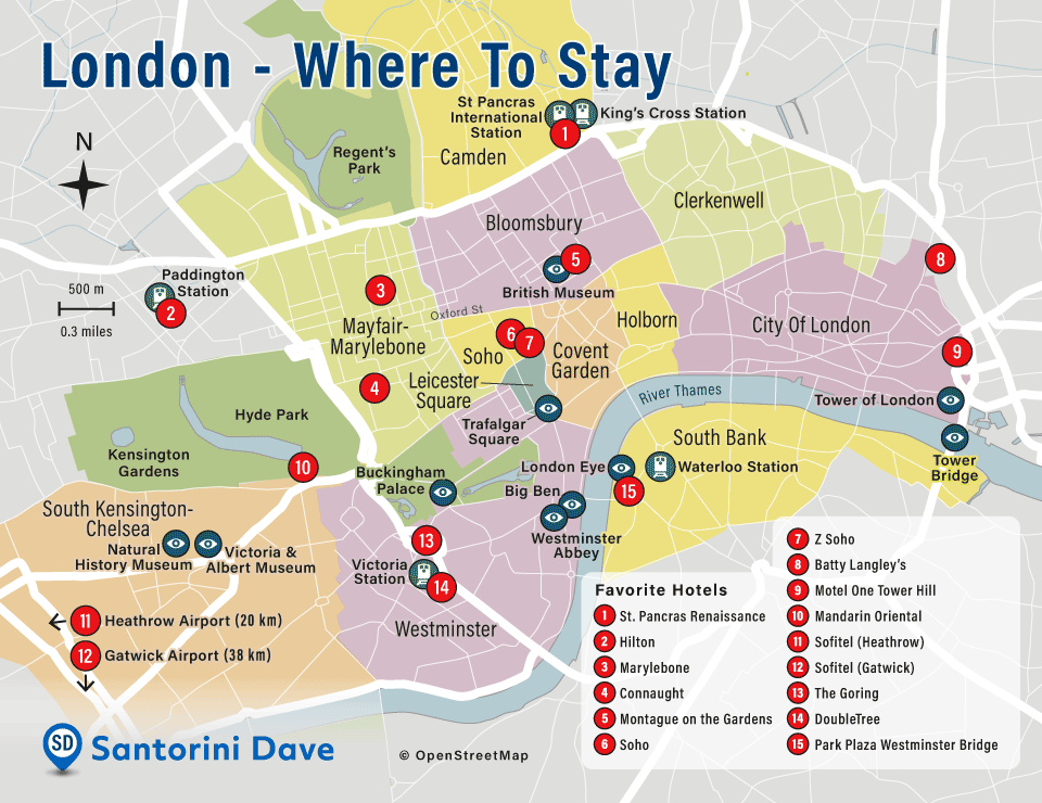 Map showing the locations of Santorini Dave's top recommended hotels in Paris.