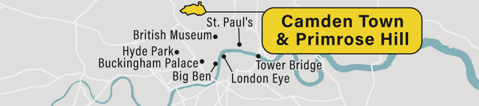 A map of the Camden Town and Primrose Hill neighborhoods in London.