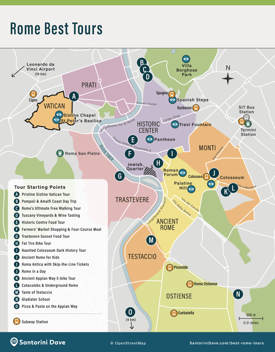 Map showing the starting location of the 18 best tours in Rome, Italy.