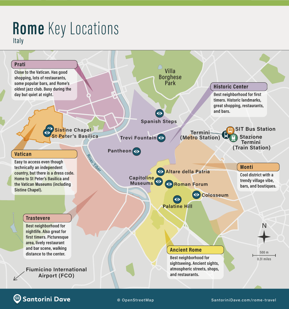 Map of Rome neighborhoods and important locations.