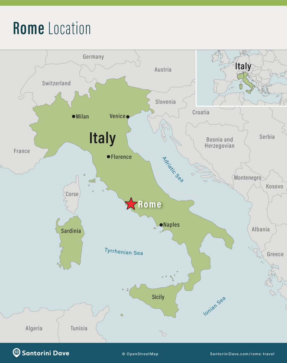 Maps showing location of Rome, Italy.
