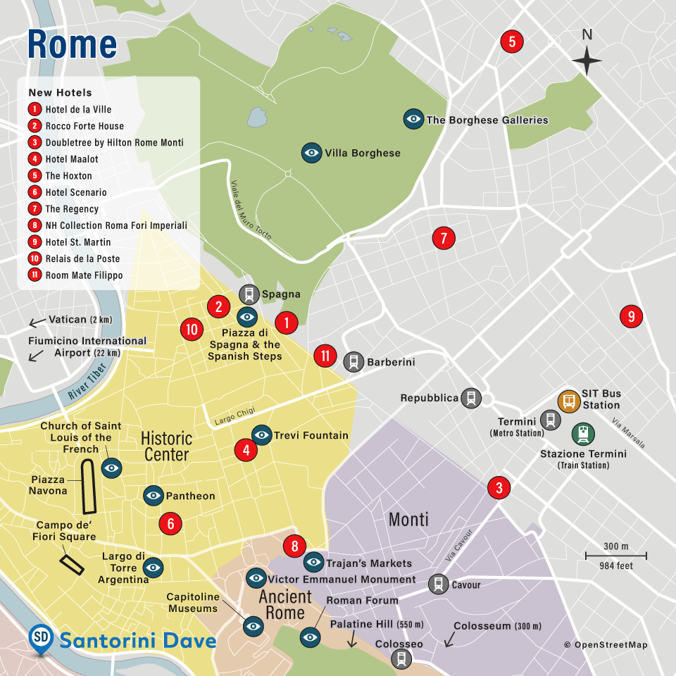 Map showing the location and surrounding attractions of new hotels in Rome.