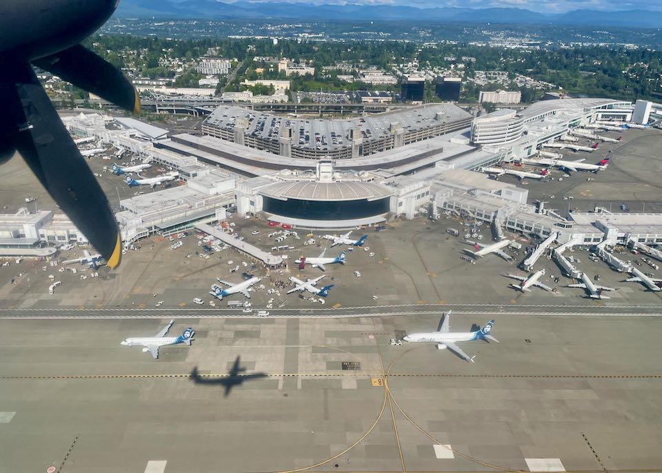 View of SeaTac Airport and nearby hotels.