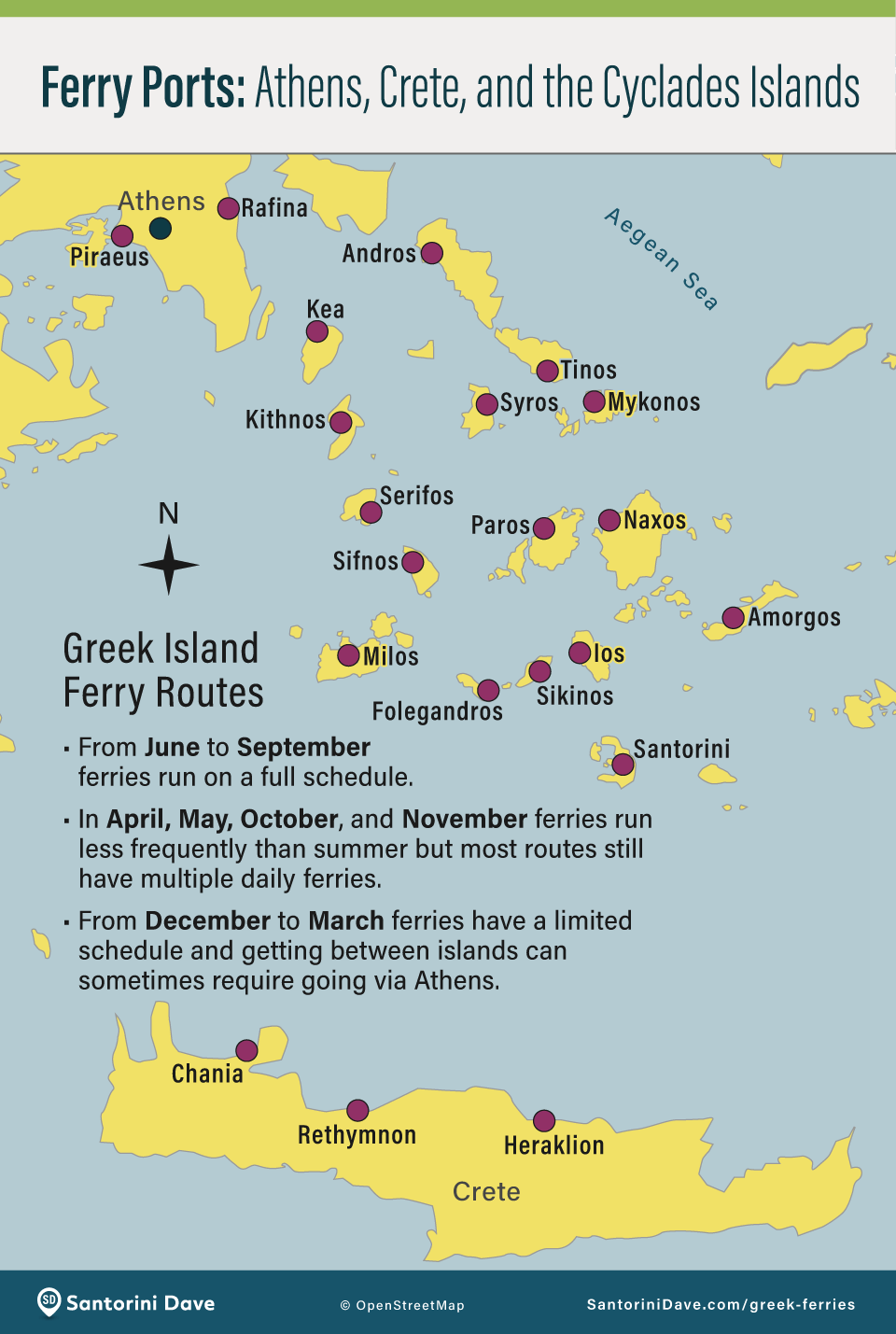 Map showing the ferry ports of the Cyclades islands.