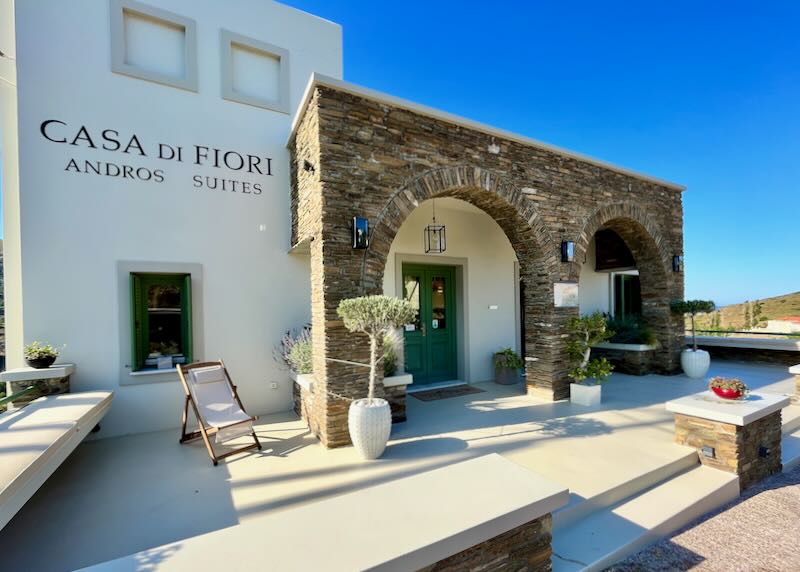 White and stone Cycladic-style exterior of a hotel