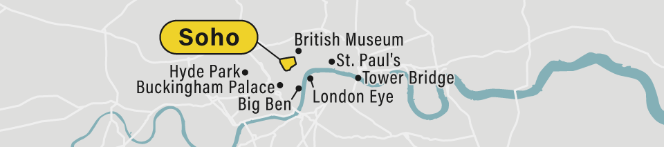 A map of the soho neighborhood in London.