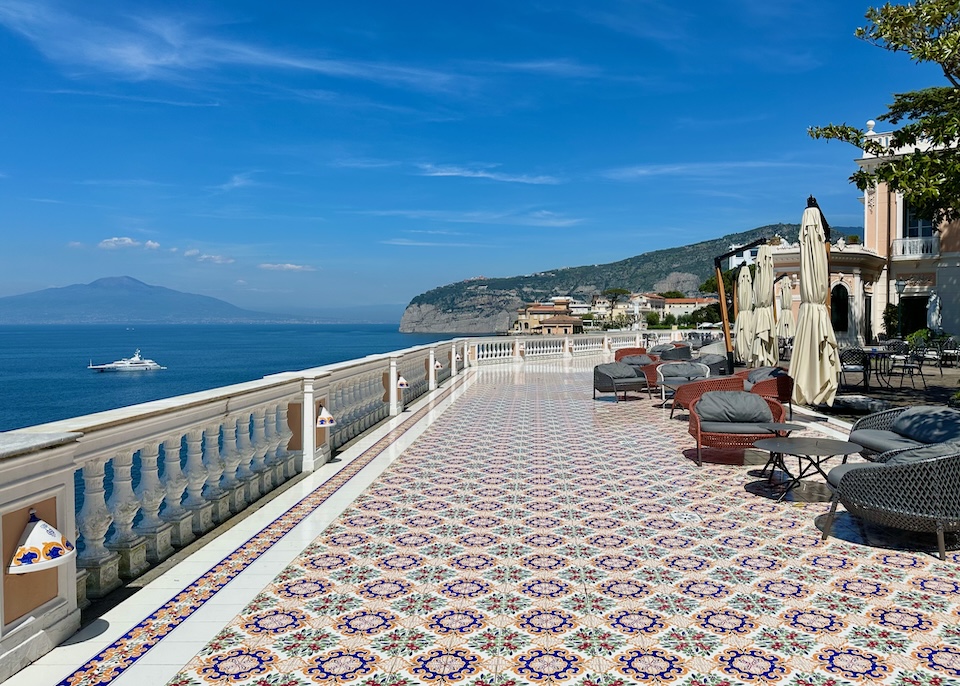 Furnished, maiolica tile terrace with a sea view at Parco dei Principi in Sorrento