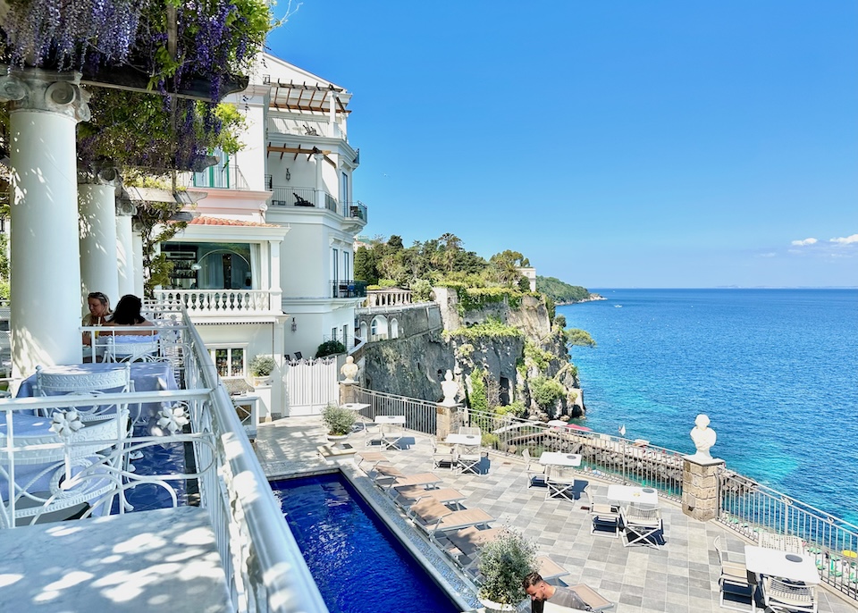 Pool and terraces overlooking the sea at Bellevue Syrene in Sorrento