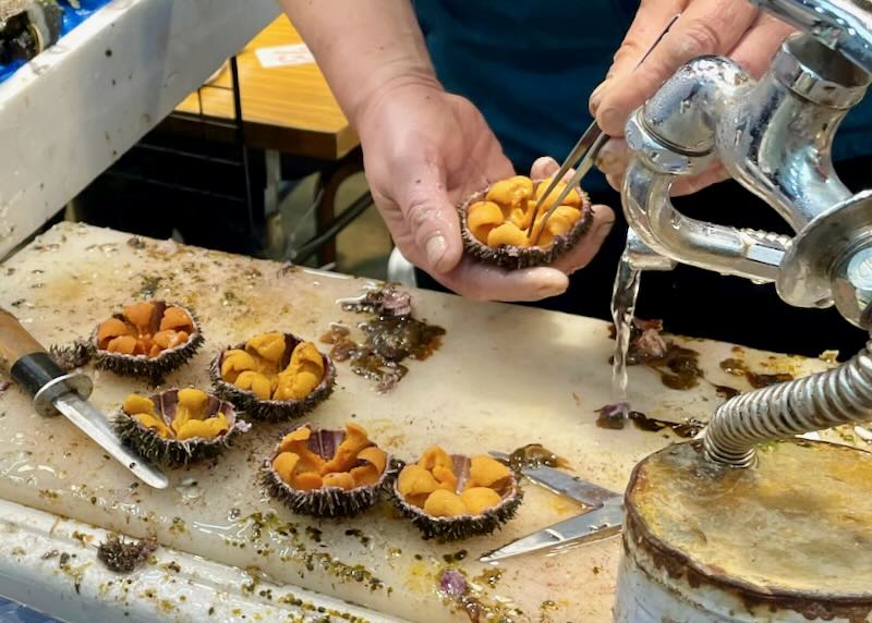 Hands hold an open sea urchin as tongs grab at the meat to prepare it for sushi.