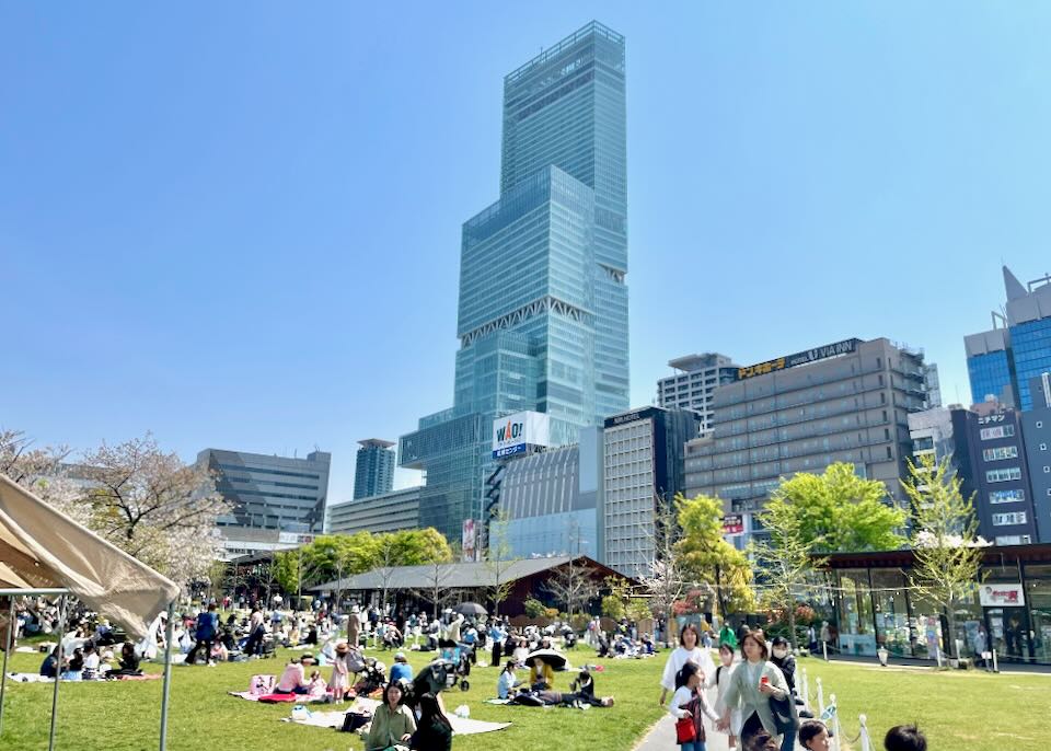 A tall glass building sits behind a park filled with picnickers.