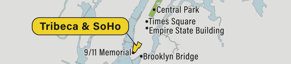 A map of Tribeca and SoHo on Manhattan in New York City.