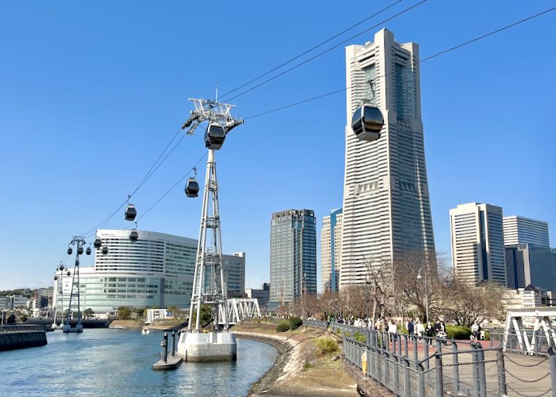 A cable car rides hight in the blue sky over water and through the city.