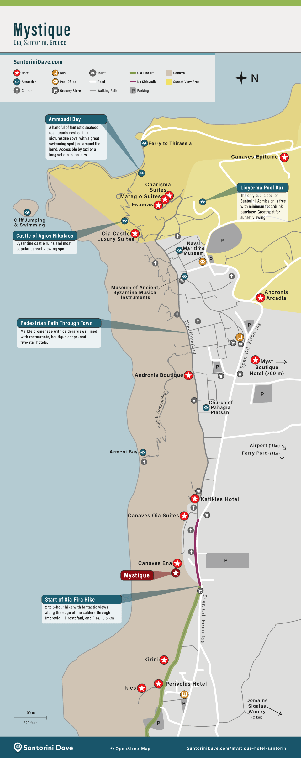 Map of Mystique Hotel's location and proximity to Ammoudi Bay, the Castle, and the walking path in Oia, Santorini, Greece.