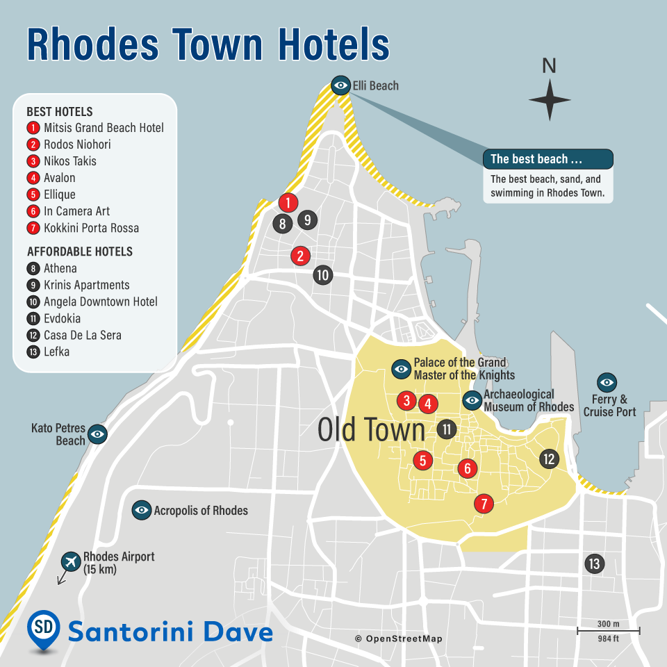 Map of Rhodes Town Hotels.