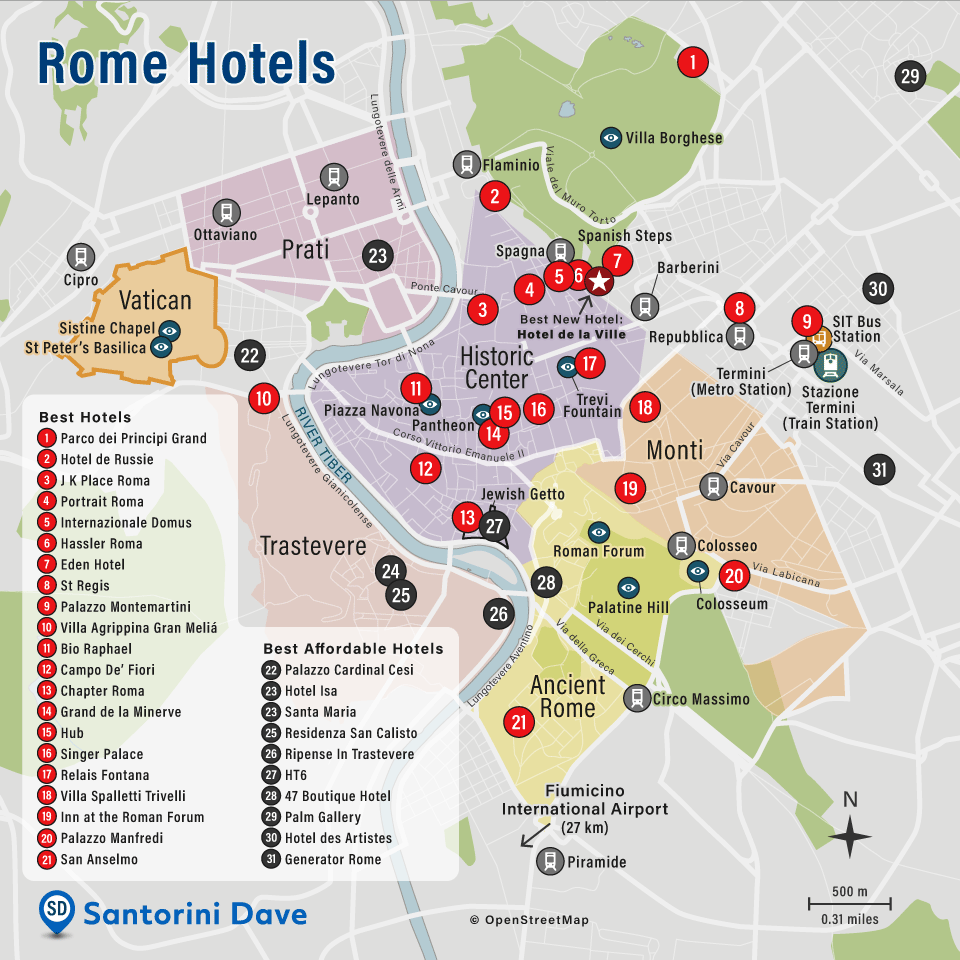 Map of the best hotels in Rome, Italy.