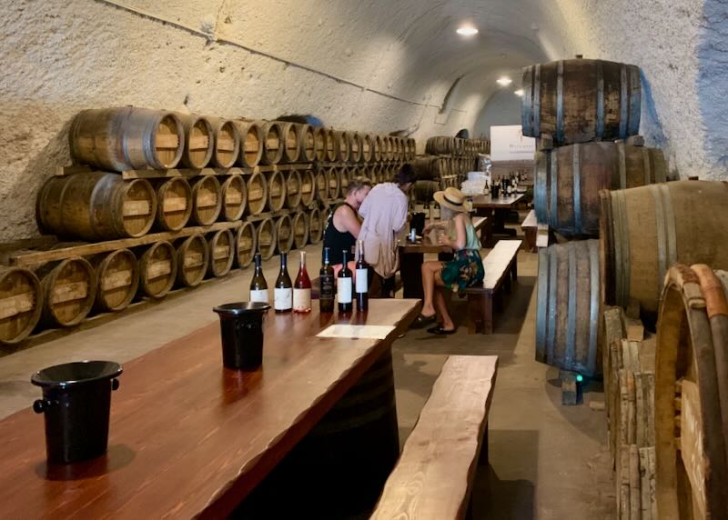 People drink wine in a vaulted cave lined with barrels 