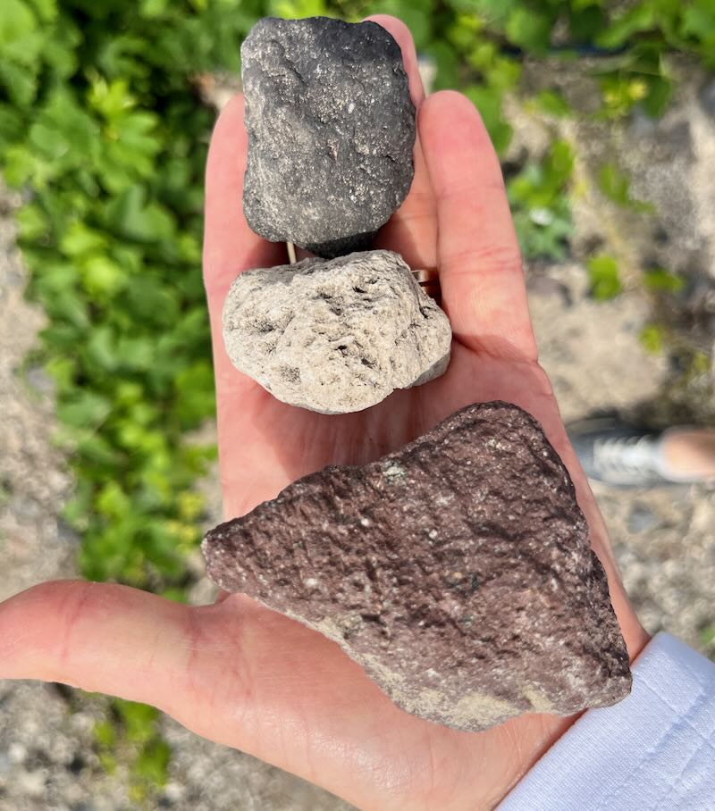 An open hand holding three different types of volcanic rock.