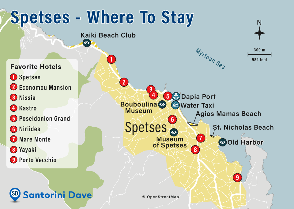 Map showing the location of the best hotels on the island of Spetses in Greece
