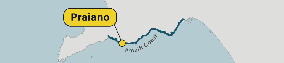 A map of Praiano on the Amalfi Coast in Italy.