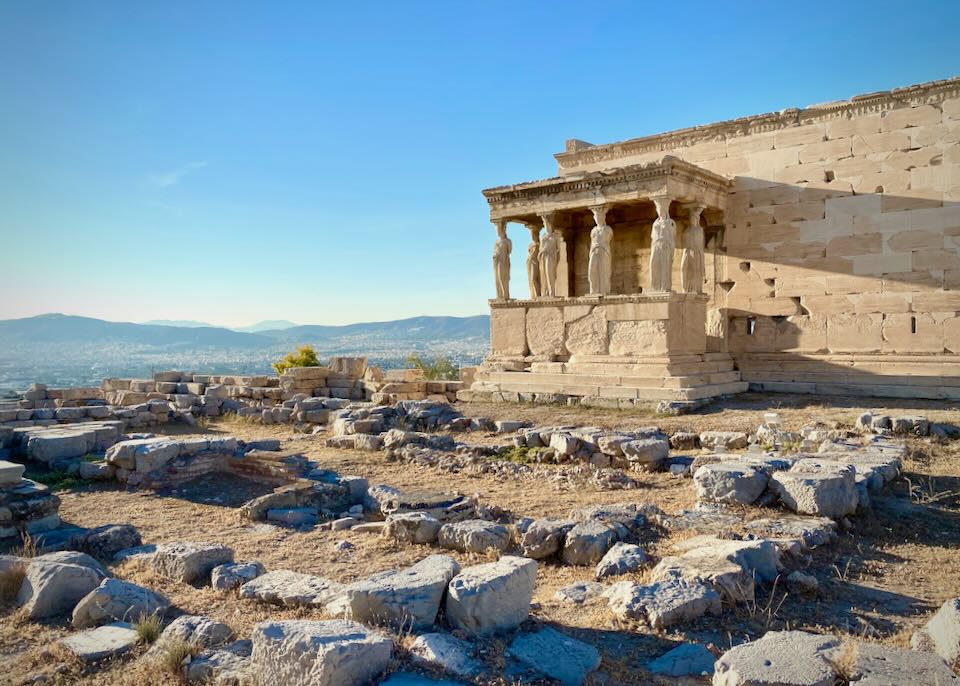 Side view of the Erechtheion temple on the Acropolis, showing the Caryatidid statues.